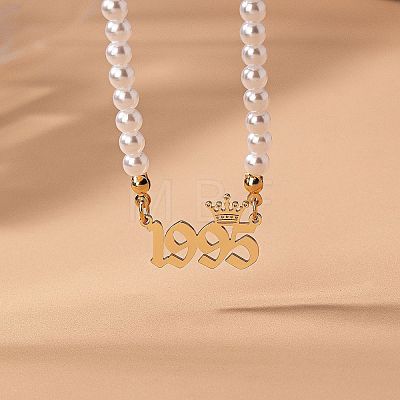 Alloy Crown Birth Year Pendant Imitation Pearl Round White Beaded Necklaces for Women FS-WG173C9-35-1