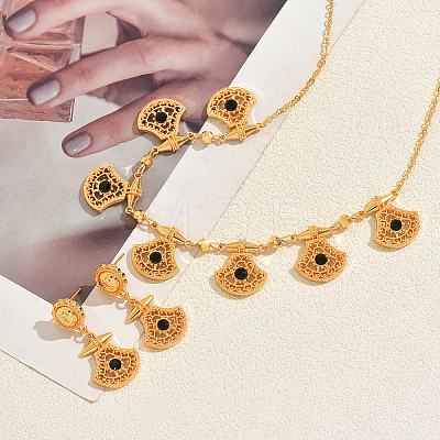 Ethnic Style Brass Micro Pave Cubic Zirconia Filigree Fan Pendant Necklace & Stud Earrings Sets for Women KU3704-1
