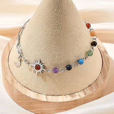 7 Chakra Gemstone Beaded Chain & 304 Stainless Steel Paperclip Chain Bracelets BJEW-JB14411-01-1