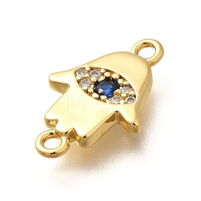 Brass Micro Pave Clear & Blue Cubic Zirconia Religion Hamsa Hand with Eye Connector Charms KK-Q043-10G-1