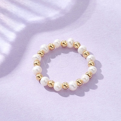 Natural Pearl & Brass Bead Finger Rings for Women RJEW-JR00963-01-1