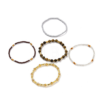 5Pcs 5 Style Natural Frosted Tiger Eye & Synthetic Hematite & Glass Sead Beads Stretch Bracelets Set BJEW-JB07670-01-1