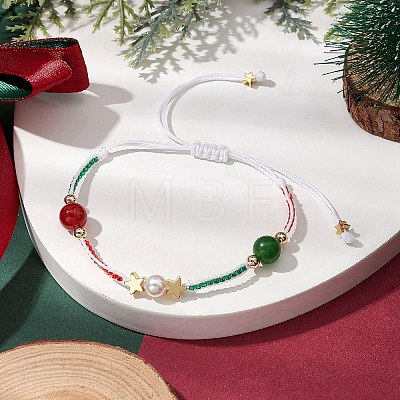 Christmas 8mm Round Dyed Natural Malaysia Jade & Natural Carnelian & Glass Seed Beads Braided Bead Bracelets BJEW-MZ00070-02-1