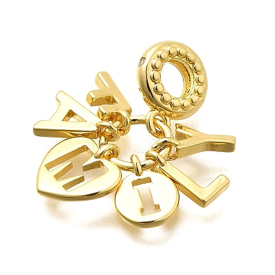 Brass Clear Cubic Zirconia Word FAMILY Heart European Dangle Charms KK-C087-14G-1