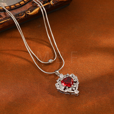 Brass Pave Red Cubic Zirconia Heart Pendant Round Snake Chain Double Layer Necklaces for Women WG9EE5F-02-1