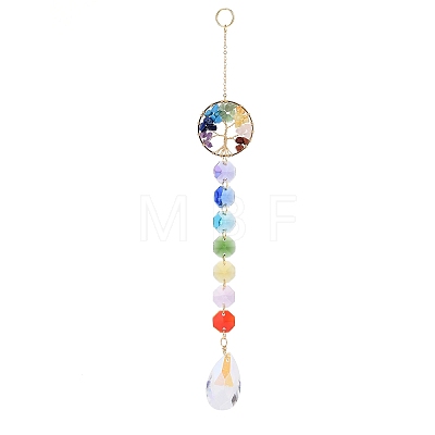 Natural & Synthetic Mixed Gemstone Tree with Glass Window Hanging Suncatchers HJEW-JM00853-04-1