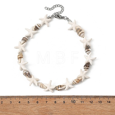 Ocean Natural Spiral Shell & Synthetic Turquoise Beaded Anklets AJEW-AN00830-1