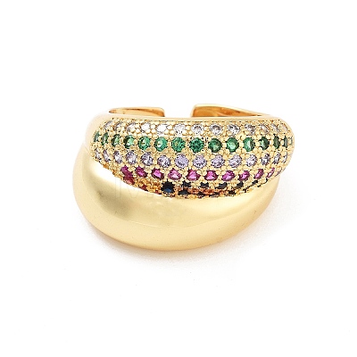 Brass Micro Pave Colorful Cubic Zirconia Open Cuff Ring for Women RJEW-Z055-03G-02-1