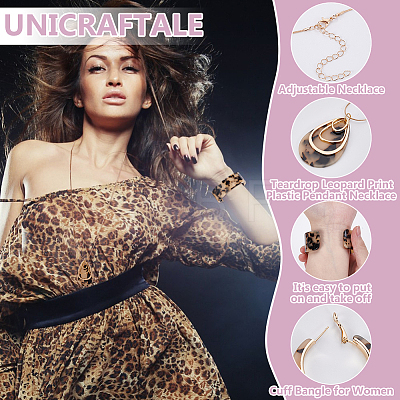 Teardrop Leopard Print Plastic Pendant Necklace & Hoop Earring & Cuff Bangle for Women SJEW-WH0006-10-1