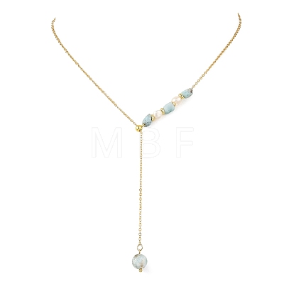 Natural Larimar Round Pendant Brass Cable Chain Lariat Y Necklaces with Natural Pearl for Women NJEW-JN06611-01-1