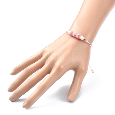 Glass Pearl & Seed Column with Heart Link Bracelet BJEW-MZ00028-01-1