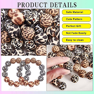 60 Pcs 15mm Silicone Beads Loose Silicone Beads Kit Leopard Print Silicone Beads for Keychain Making Bracelet Necklace JX309A-1