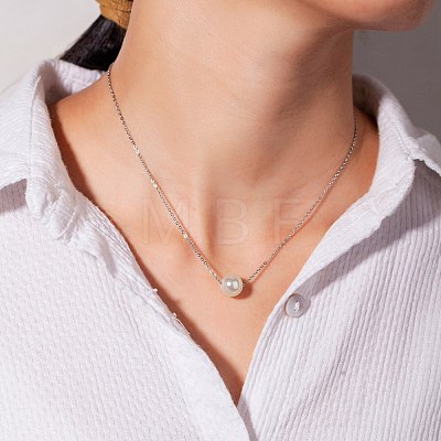 Elegant Stainless Steel 12mm Round Shell Pearl Bead Pendant Necklaces for Daily Wear DW4894-2-1