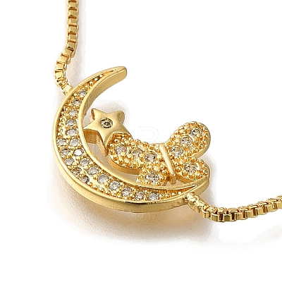 Rack Plating Brass Micro Pave Clear Cubic Zirconia Box Chain Butterfly Moon Link Slider Bracelets BJEW-H614-02G-1