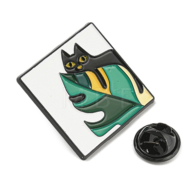 Square with Cat & Monstera Leaf Enamel Pins JEWB-P024-B02-1