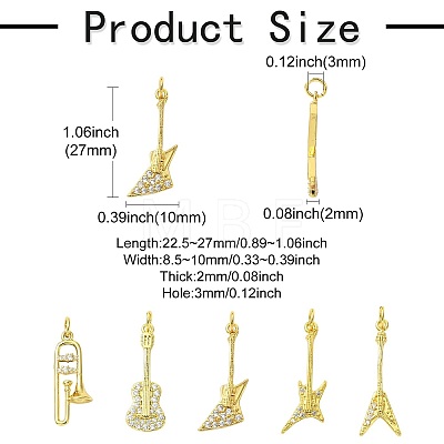 5Pcs 5 Styles Musical Instruments Theme Rack Plating Brass Clear Cubic Zirconia Pendants KK-CJ0005-93-1