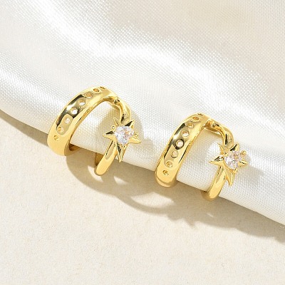 C-Shaped with Star Brass Micro Pave Clear Cubic Zirconia Cuff Earrings EJEW-L316-01G-12-1