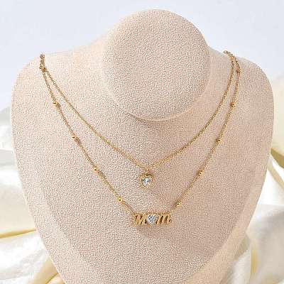 Mother's Day Double Layer 304 Stainless Steel Pave Clear Cubic Zirconia Word Mom Heart Pendant Necklaces for Women NJEW-L015-02G-1