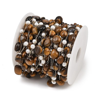 Natural Tiger Eye Nuggets & 316 Stainless Steel Handmade Link Chains CHS-K021-14G-07-1