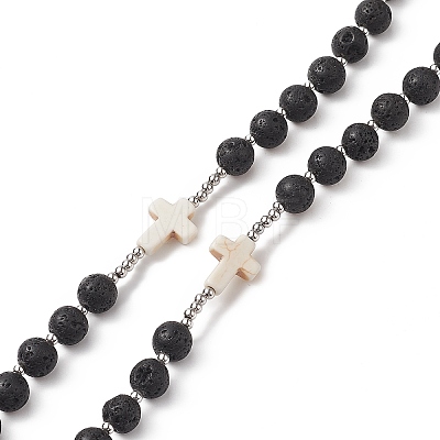 Natural Lava Rock & Synthetic Turquoise Cross Rosary Bead Necklace NJEW-JN04202-1