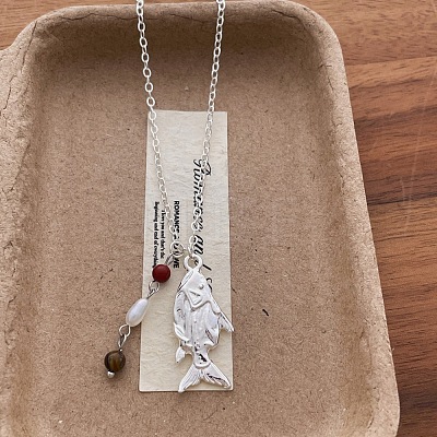 Vintage Alloy Fish Pendant Necklaces with Plastic & Glass Beads Tassel WG3AD88-02-1
