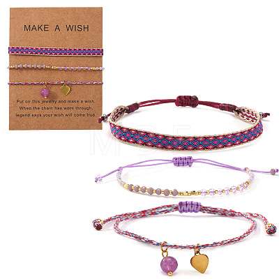 3Pcs 3 Styles Bohemian Adjustable Nylon Cord Braided Bracelet & Glass Beads Braided Bracelet & 304 Stainless Steel Heart Charm Bracelet Set for Women GE8132-2-1