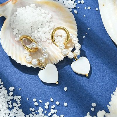 Natural Pearl & Shell Heart Dangle Hoop Earrings EJEW-TA00323-1