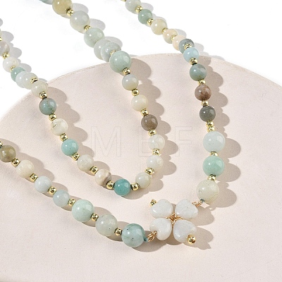 Saint Patrick's Day Natural Flower Amazonite Clover Pendant Round Beaded Necklaces with Brall Heart OT Clasps NJEW-G202-02G-03-1