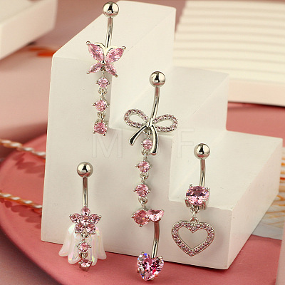 1Pc 304 Stainless Steel Rose Rhinestone Curved Barvell Dangle Belly Rings WGF9938-03-1