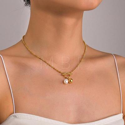 304 Stainless Steel and Faux Pearl Round Pendant Necklaces with OT Clasps for Women AR1092-1