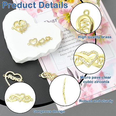 4Pcs 4 Styles Heart Brass Micro Pave Clear Cubic Zirconia Connector Charmss KK-CJ0005-73-1