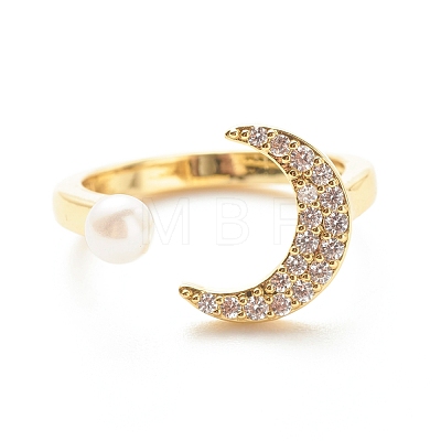 Clear Cubic Zirconia Moon Open Cuff Ring with Imitation Pearl for Women RJEW-A003-01G-1