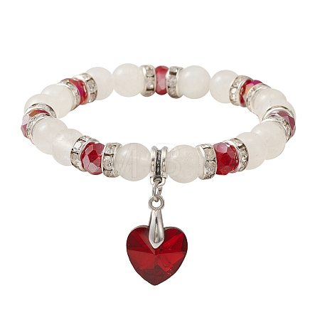 Natural Quartz Crystal & Glass Beaded Stretch Bracelet with Heart Charms for Valentine's Day BJEW-TA00284-1