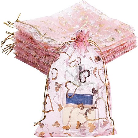 100Pcs Gold Stamping Heart Organza Gift Bags OP-PH0001-37B-1