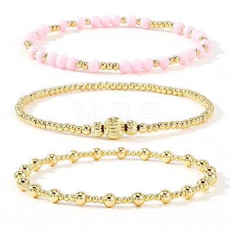 3Pcs Glass & Brass Round Beads Stretch Bracelets HD9470-1-1