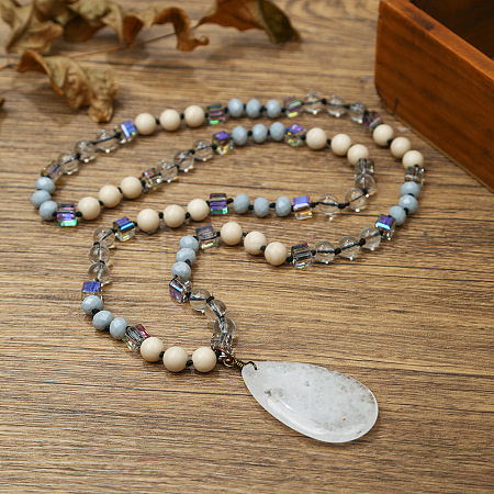 Natural Quartz Crystal Flat Teardrop Pendant Round Gems and Cube Glass Beaded Long Necklaces for Women FS-WG9FE58-08-1
