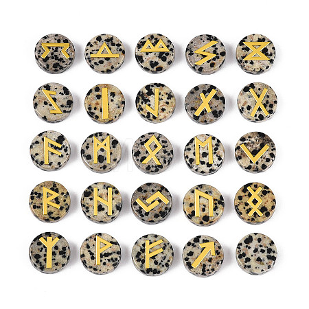 Brass Elder Futhark Alphabet Engraved Symbol Flat Round Natural Dalmatian Jasper Rune Stones G-I373-01D-1