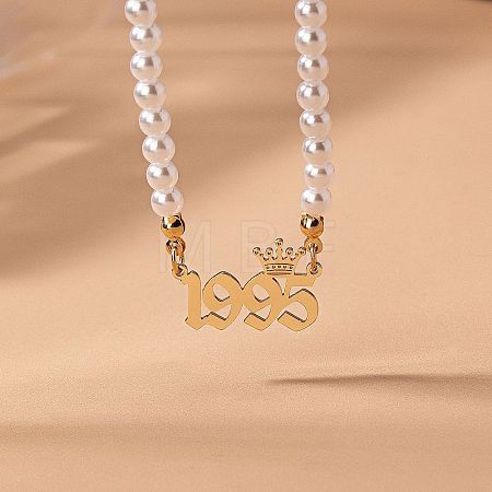 Alloy Crown Birth Year Pendant Imitation Pearl Round White Beaded Necklaces for Women FS-WG173C9-35-1