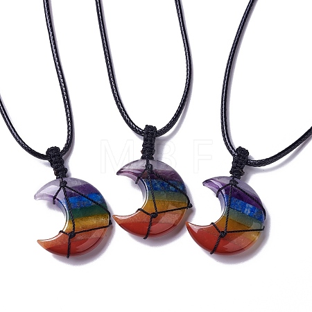 Adjustable Natural Mixed Gemstone Moon Pendant Necklace NJEW-B086-02M-1