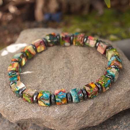 Cube Dyed Natural Multi-color Imperial Jasper & Synthetic Non-magnetic Hematite Beads Stretch Bracelets for Women Men PF6426-7-1