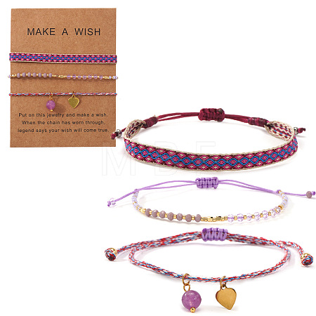 3Pcs 3 Styles Bohemian Adjustable Nylon Cord Braided Bracelet & Glass Beads Braided Bracelet & 304 Stainless Steel Heart Charm Bracelet Set for Women GE8132-2-1