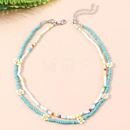2Pcs Flower Glass Seed Beaded with Plastic Pearl Beaded Necklace Sets for Women FS-WGE85A7-15-1