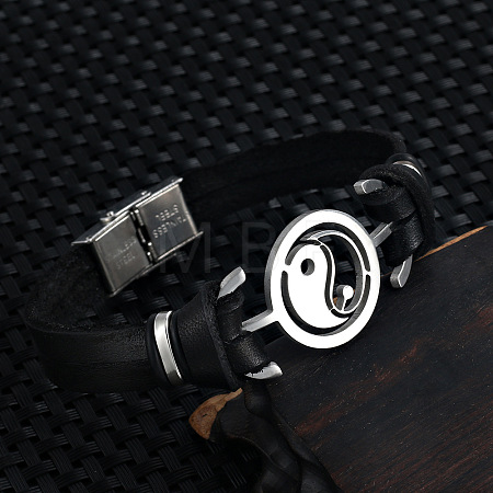 Stainless Steel Yin Yang Link Bracelet with Leather Cords PW-WG54823-01-1