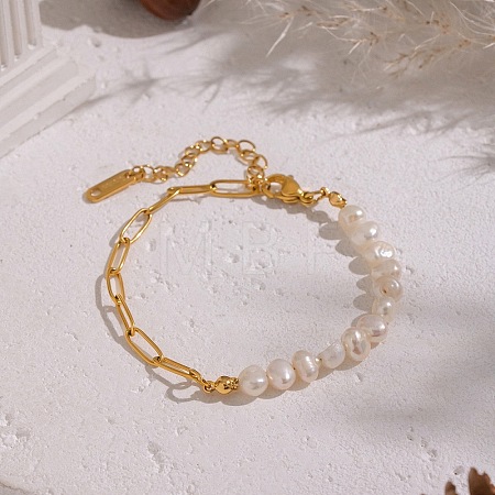 French Vintage Natural Pearl Potato Beaded Bracelets with 304 Stainless Steel Paperclip Chains for Women HS0908-1-1