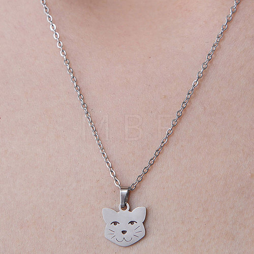 201 Stainless Steel Cat Pendant Necklace NJEW-OY001-23-1