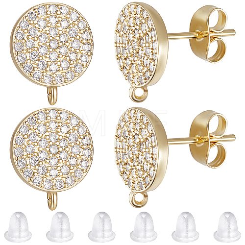 4 Pairs Brass Micro Pave Cubic Zirconia Flat Round Stud Earring Findings ZIRC-BBC0001-96-1