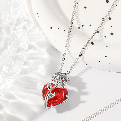 Valentine's Day Heart & Rose Zinc Alloy Ruby Rhinestone Pendant Necklaces for Women FS-WG5EA65-02-1