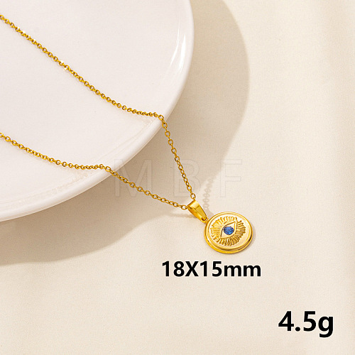 Stylish Stainless Steel Rhinestones Flat Round with Evil Eye Pendant Necklace QQ6499-12-1