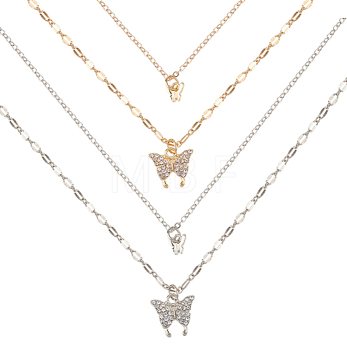 2Pcs 2 Colors Crystal Rhinestone Butterfly Pendant Double Layer Necklaces Set NJEW-AN0001-23-1