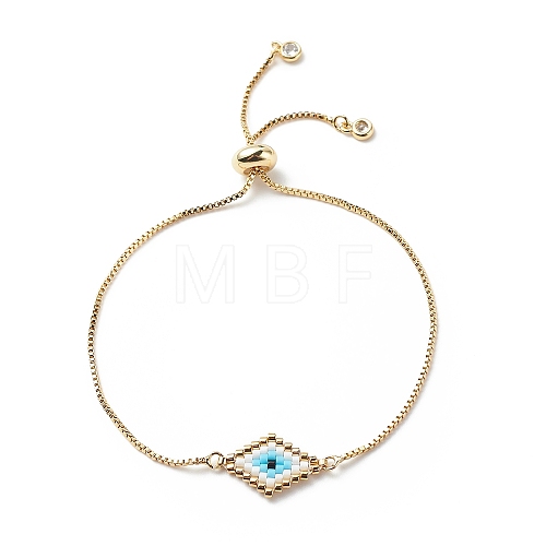 Japanese Seed Braided Rhombus with Evil Eye Link Slider Bracelet BJEW-MZ00001-01-1